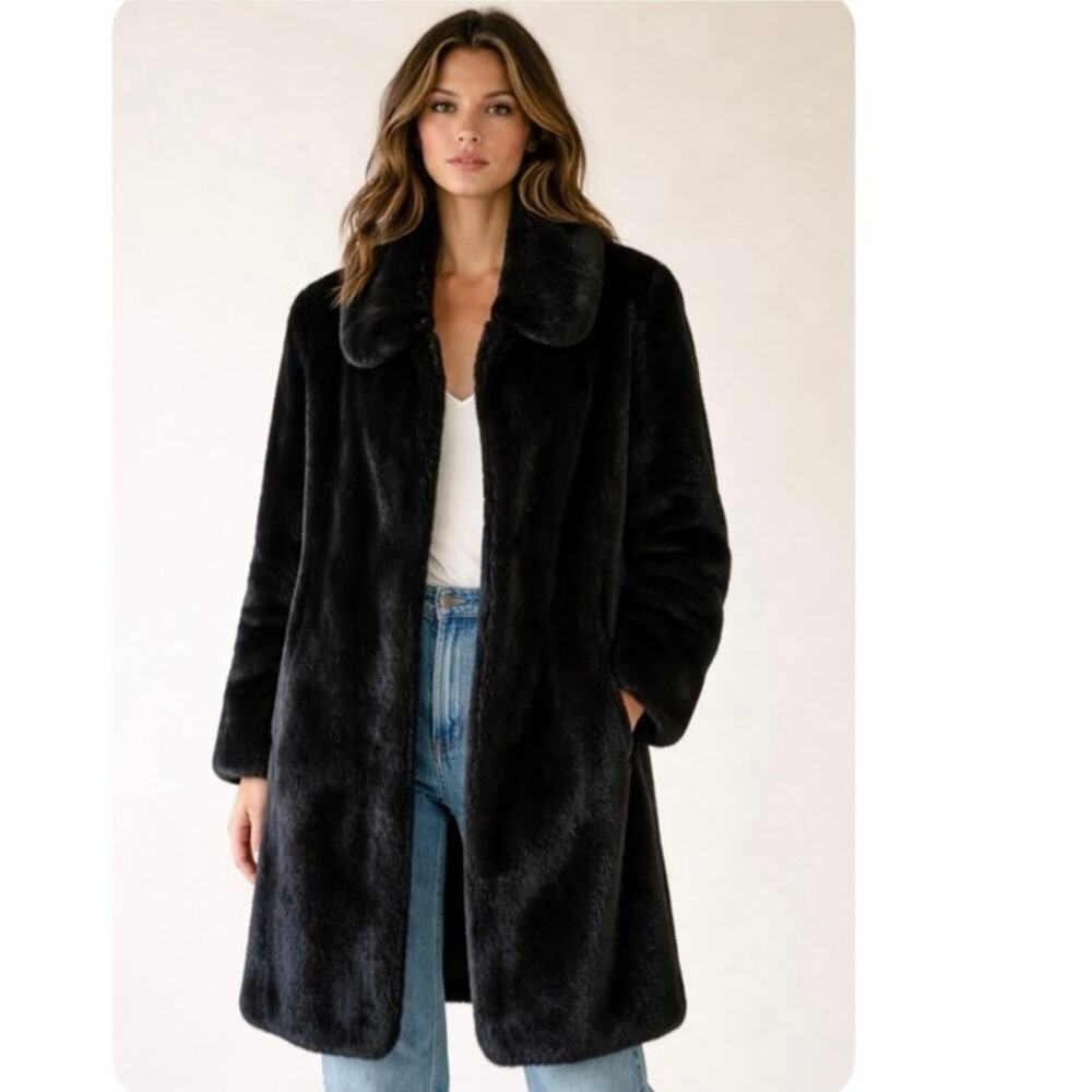 Vintage Dennis Basso Black Faux Fur Coat Mid Length Plush Collar Size XL